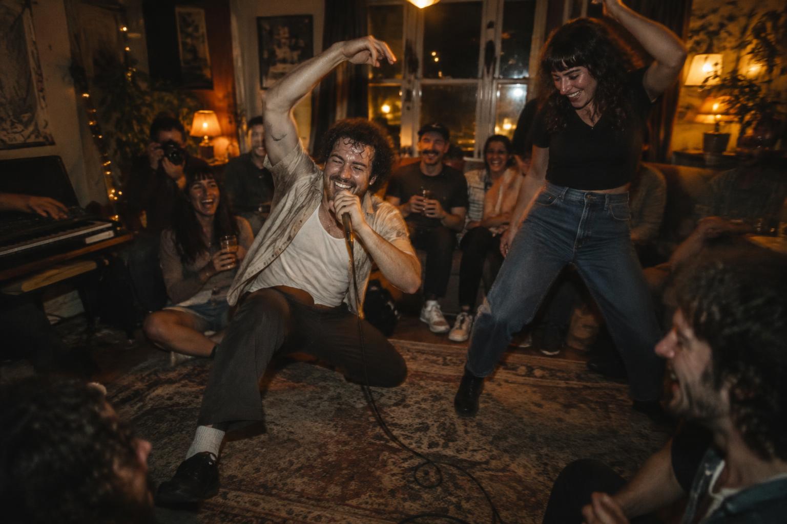 A performer dancing with a guest during a living room show