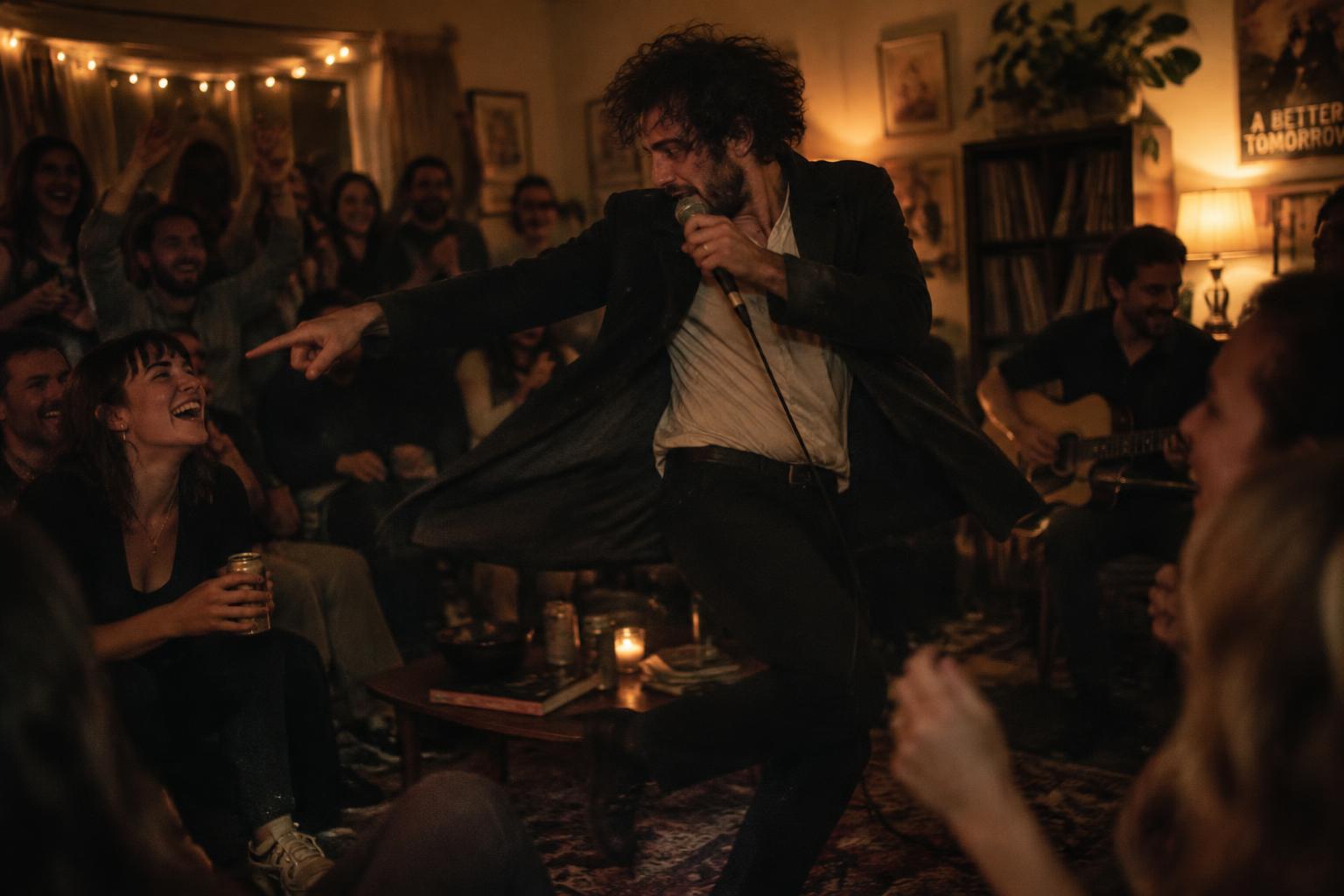 A performer mid-dance with a microphone in a crowded living room, guests cheering